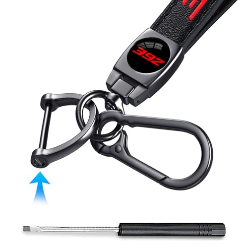 Image of Black 392 Key Chain for Dodge Charger Challenger Durango & RAM SRT 392, Black Leather & Metal Car Key Fob Holder, Red 392 Logo Car Keychain Accessories