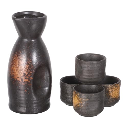 Homoyoyo Ensemble de Saké Japonerie en Céramique 1 Carafe Grosse Taille Jaune Jade 4 Tasses Service à Saké Chaud Traditionnel pour Maison et Restaurant Récipient à Vin