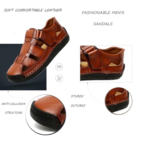Men's Leather Hollow Out Hook Loop Flat Fisherman Sandals Closed Toe Head Soft Bottom Hand Stitching Wading Sandals Summer Comfort Anti-Slip Casual Wading Beach Sandals3
