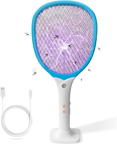 CYOUH Raquette Electrique Insectes，2 en 1 USB C Rechargeable avec Base Stable Contre Moustiques Mouches Insectes Volants (Bleu) (M) (XL)