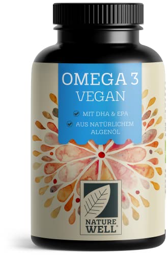 Omega-3 Vegan 120 Kapseln hochdosiert, 2000mg Omega-3 Algenöl pro Tag mit 600mg DHA & 300mg EPA, veganes Omega aus nachhaltigem Anbau als Fischöl-Alternative, laborgeprüft mit Zertifikat, NatureWell 1