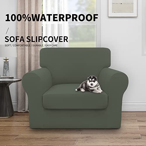 Image of Easy-Going Waterproof 2 Pieces Chair Cover Couch Covers for Sofa | Stretch Spandex Sofa Cover Protector Elastic Bottom for Cushion Couch Dog Pet Friendly Living Room Grayish Green