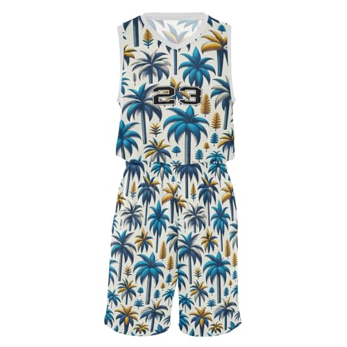 FLildon Plam Trees Blue Boys Basketball Jersey Set Tank Top Shorts Tracksuit Sport Training Suit for Kids