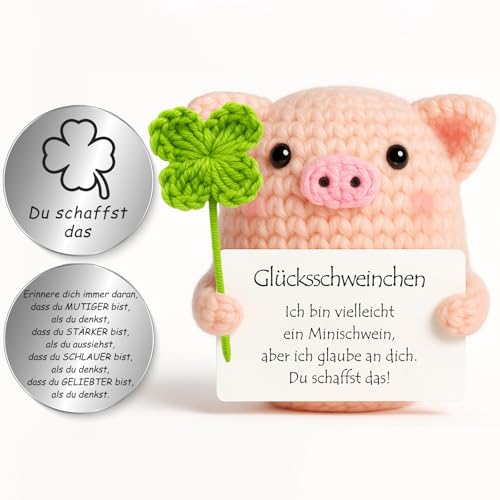 Tixlux Pocket Hug Glücksschweinchen Figur mit Glücksklee Kreative Strickwolle Figurine und Kleine Umarmung Glücksbringer (Silber III) Mutmacher Geschenk Gute Besserung Abschluss Geschenk