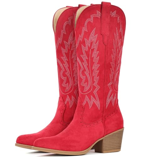 Image of IUV Suede Cowboy Boots For Women Chunky Heel Pointed Toe Cowgirl Boots