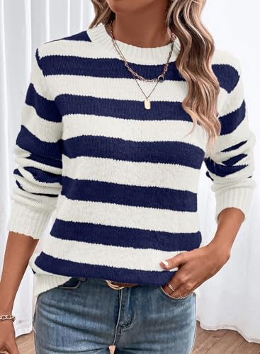 Dokotoo Sweaters for Women 2025 Crewneck Striped Cute Color Block Fall Winter Knitted Pullover Tops2