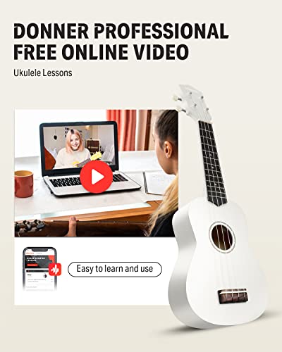 Image of Donner Soprano Ukulele for Beginner 21 Inch Matte Ukulele Beginner Kit with Bag Strap Tuner Strings Picks Cloth, Free Online Lessons (White)