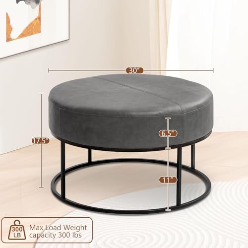 Image of BALLIAA Modern Round Coffee Table, Farmhouse Ottoman for Living Room, Large Vintage Faux Leather Coffee Tables with Leather Upholstered Padded Seat [Round, Vintage Gray, 30'']