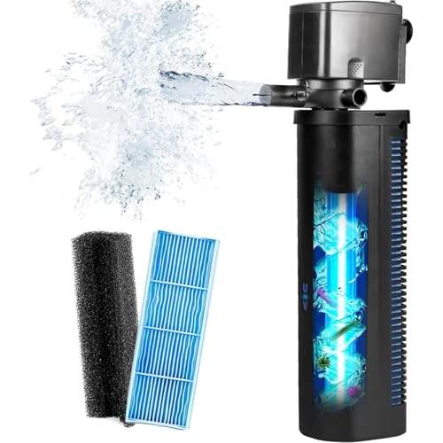 Aquarium U-V Filter Dual Spout 600GPH for Large 100-300 Gallon Fish Tank Silent Canister Internal Filter Cold Plunge Tub Koi Pond Filter, Green Clean Machine Deodorization for Saltwater Freshwater