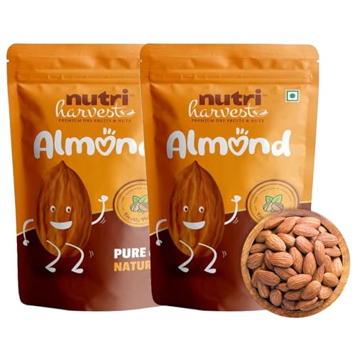 Image of NUTRI HARVEST Premium Natural Californian Almonds (2X200g) | Raw Unsalted Badam Giri, Tasty and Healthy Snacks, Crunchy Dry Fruits | High Protein & Fiber | Rich in Magnesium & Phosphorus (Pack of 2)