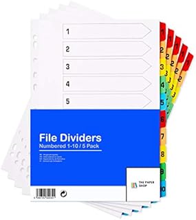 [5 Pack] A4 File Dividers 10 Part Numbered 1-10 | A4 Subject Dividers 10 Part Numbered 1-10 with Multipunched Reinforced Colour Tabs 150gsm