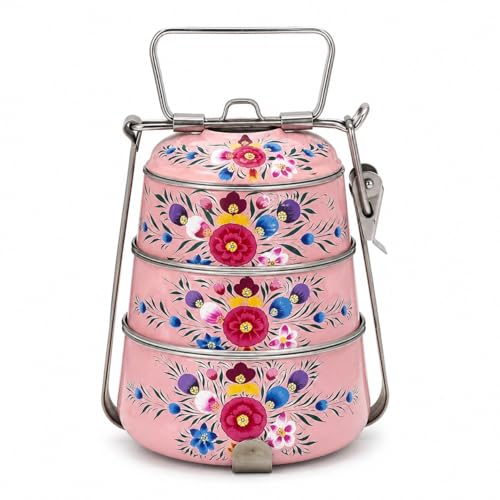 Image of iHandikart Handpainted Decorative Lunch Box Tiffin | Multiple Tier Stainless Steel Food Box | Designer Indian Print Tiffin for School | Diwali Gift, Navratri Gift (Color - Multicolor)
