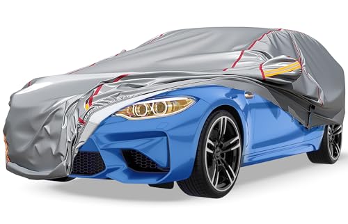 Image of Car Cover Waterproof All Weather, 6 Layers Outdoor Full Car Cover UV Snow Rain Wind Dust All Weather Outdoor Protection with Zipper Cotton, Mirror Pocket, Fit for Sedan Grey (190-195 inch)