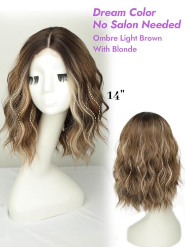 Image of Eawwii Ombre Light Brown With Blonde Short Wavy Wig for Women Lace Hairline Bob Style Synthetic Heat Resistant - Natural Appearance for Everyday Hairstyle 14 Inch
