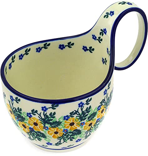 Authentic Polish Pottery Bowl with Loop Handle 6-inch in Yellow Flower Wreath Design Handmade in Boles?awiec Poland by Ceramika Artystyczna + Certificate of Authenticity