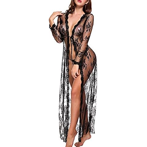 Women Sleepwear Lace Robe Open Front Bathrobe Long Nightwear Floral Kimono Dress Cover