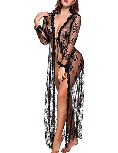 Lingerie for Women Sexy Long Lace Dress Sheer Gown See Through Kimono Robe Black