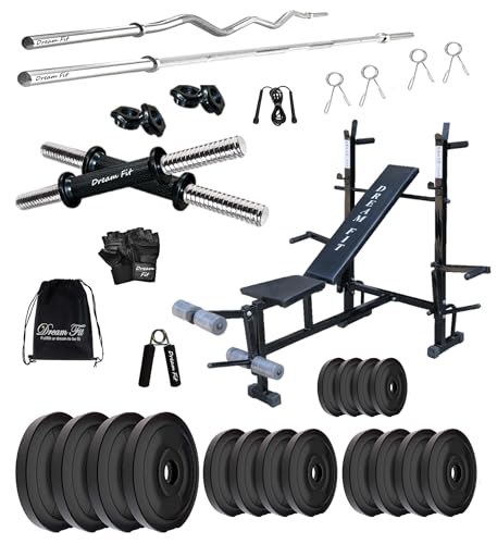 Image of DREAM FIT PVC Home Gym Set - 90 Kg with 8in1 Gym Bench, 3 ft Curling Rod, 5 ft Straight Rod, 1 Pair Dumbbell rods and Gym Accessories (90kg)