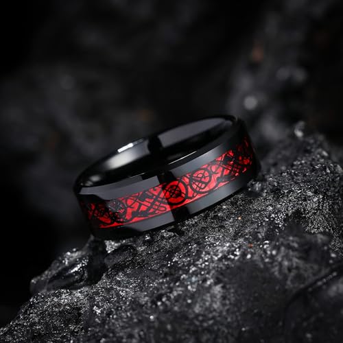 Custom Engraved Couple Rings Set Promise Rings for Him and Her Red and Black Matching Wedding Rings for Couples Engagement Rings Sets Celtic Dragon Tungsten Ring Red Ruby Rings for Women3