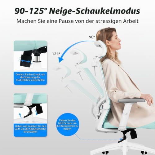 Daccormax Bürostuhl Ergonomisch, Schreibtischstuhl mit Verstellbarer Kopfstütze, Armlehnen, Lendenwirbelstütze, Drehstuhl Wippfunktion… – Ansicht 3