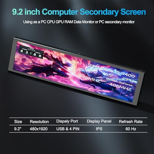Image of 9.2 inch PC Case Screen for CPU GPU Temperature, 1920x462 IPS Hardware Sensor Panel Monitor, USB-C / 9-pin Computer Secondary Monitor with Customizable Themes, Window Only