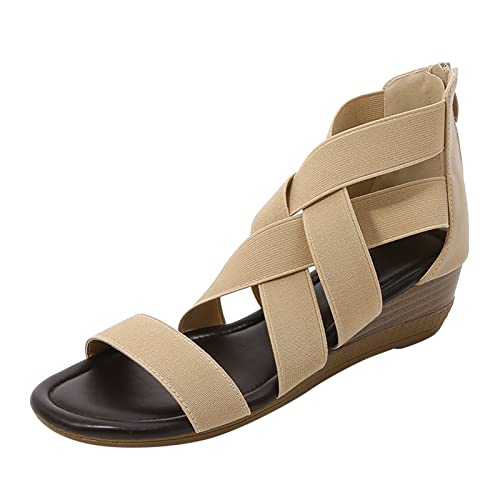 VKVWIV Women Roman Cross Band Wedge Sandals Breathable Casual Dress Strapy Summer Sandals Elastic Ankle Strap Low Wedge Sandals