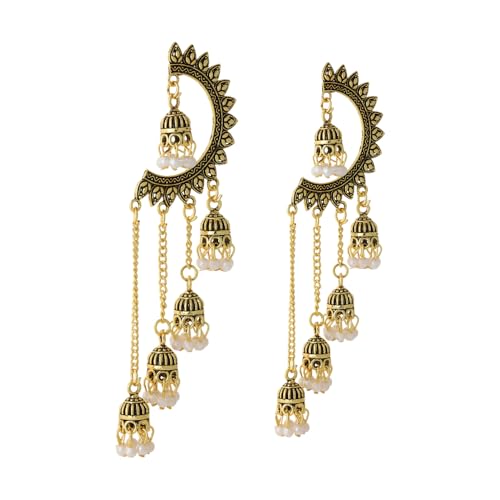 Image of WORLD CRAZE Multicolour long kashmiri jhumka for women chandbali earrings chand baliyan | kashmiri earrings for women | bahubali earrings stylish | Traditional Indian Festive Jewelry | Long Chain Tassels | Pearl Drop Latkan Jewellery (Multi colour)