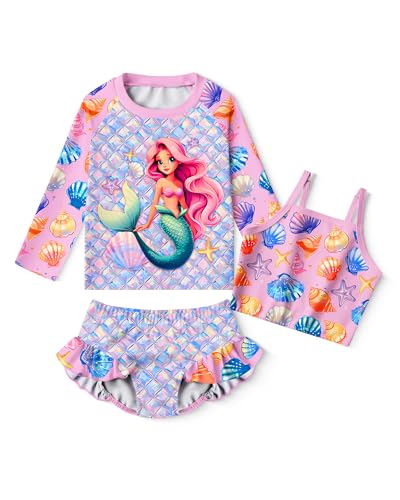 Image of LQSZ Girls Rash Guard Sets Long Sleeves Swimsuit 3 Pieces Tankini Bathing Suit Swimwear for Girls 3-12 Years