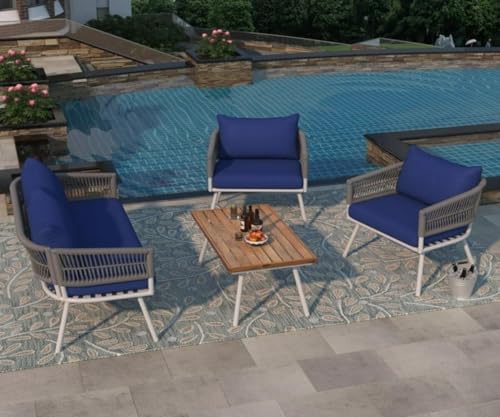 Image of 4 Outdoor Sofa Garden Balcony Sofa Patio Conversation Sofa Set with Coffee Table Wood Top for Living Room Lown Pool Rope Outdoor Chair Set-with-Wood-Table-for-Backyard(Nevy Blue)