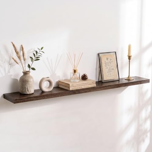 Image of Elm Floating Shelves for Wall - 48 in Rustic Solid Wood Shelves with Heavy-Duty Invisible Bracket, Wall-Mounted Wooden Shelf for Living Room, Bathroom, Kitchen Storage & Display, Set of 1, Walnut
