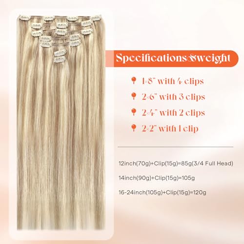 Image of Sunny Hair Clip in Hair Extensions Real Human Hair Blonde | 14 Inch Remy Hair Extensions Clip in Human Hair Blonde Highlight adds Natural Looking Soft Waves for Date Night 105g