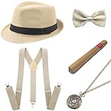 Jede Herren Kostüm Set beinhaltet: 1*Panama Gangster Hut, 1*Verstellbar Elastisch Hosenträger, 1*Herren Halsschleife Fliege, 1*Falsche Taschenuhr und 1*Plastik Zigarre