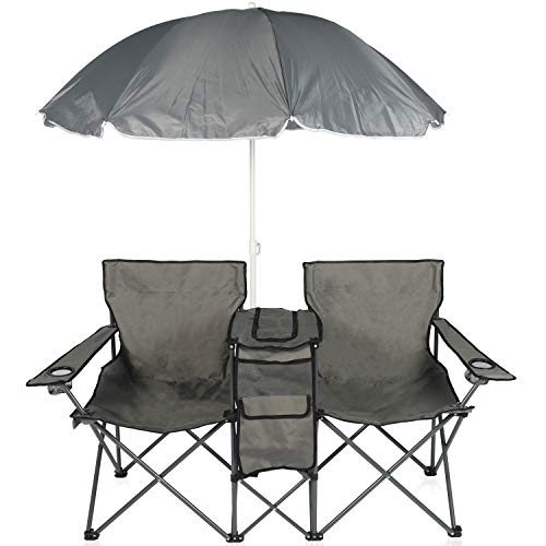 YILI Double Folding Camping Chairs, Portable Camping Chairs w Removable Umbrella Mini Table Cooler Bag, Outdoor Picnic Double Folding loveseat Camp Chairs for Beach Patio Pool Park (Grey)