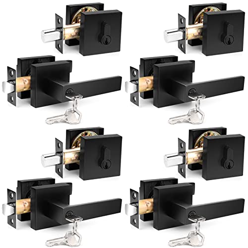 Probrico Square Keyed Entry Levers and Single Cylinder Deadbolts Combo Pack, Flat Black Heavy Duty Entrance Locksets for Office Bedroom and Front Door, 4 Pack Keyed Alike(All Same Keys)