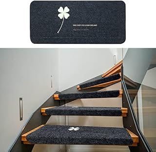 15Pcs Carpet Stair Treads Mats 22 x 55cm, Indoor Stair Runners for Wooden Steps, Self Adhesive Stair Tread Staircase Floor Mat Protector Pads for Kids Elders and Pets(Dark Grey Four-Leaf Clover)