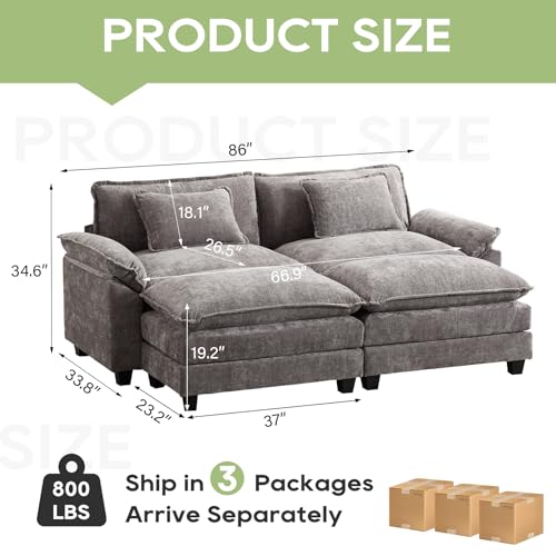 Image of Oprisen 86 inch Modular Sectional Sofa, Comfy Cloud Couch Sectional Sofa with Ottomans, Chenille Sofa Sleeper Deep Seat Sofa with Throw Pillows for Living Room (Lgiht Grey)