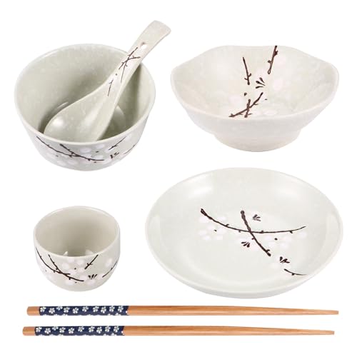 POPETPOP 1juego Vajilla Japonesa de Cerámica para Persona con Plato Cuenco Taza Cuchara y Palillos Diseño Floral de Flor de Ciruelo Ecológico y Seguro para Uso Diario