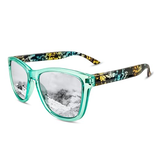 KANASTAL Green Mens Sunglasses Womens Mirror Silver Polarised Square Vintage Classic UV Protection Driving Fishing Vacation Fashion - Leopard Green Frame Silver Lens