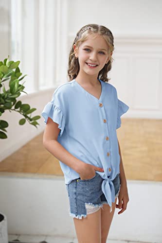 Image of Girls Ruffle Short Sleeve Shirts V Neck Tie Front Knot Tops Button Cute Tunic Shirts Blouse