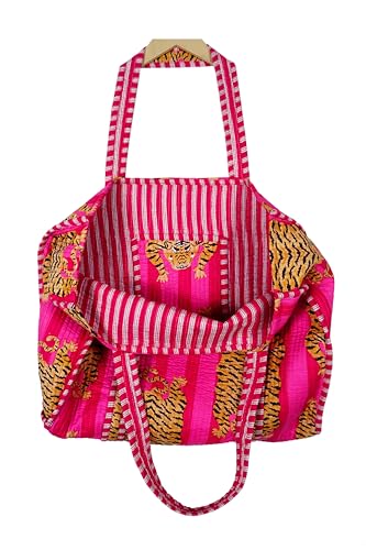 Image of Quilted Cotton Hand printed Reversible Large multicolor cotton Tote Bag,Indian Handmade Block Printed Tote Bag Women Handbag