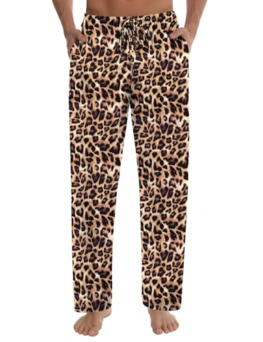 SWOMOG Men's Satin Silky Pajama Pant Long Pj Bottoms Soft Lounge Sleep Pants with Pockets Leopard Print Large
