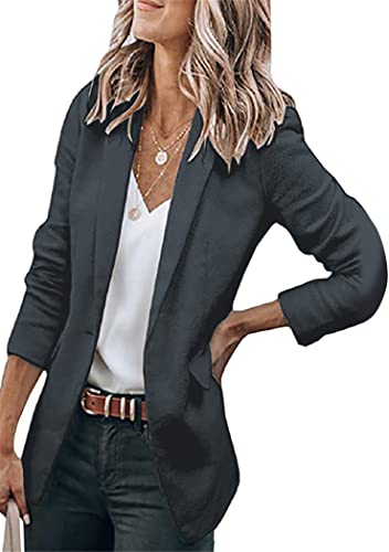 OMZIN Damen Casual Revers Langarm Knopf Gepolstert Schulter Blazer Open Front Jacke Dunkelgrau S