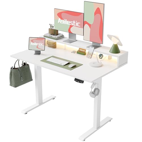 Image of Agilestic 48x24 Inch Electric Standing Desk with Shelf, Height Adjustable Desk with Power Outlets & LED, Sit Stand Up Table with Monitor Stand, Computer Workstation, White
