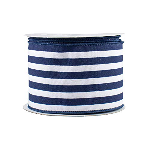 Navy White Stripe Wired Ribbon - 2 1/2