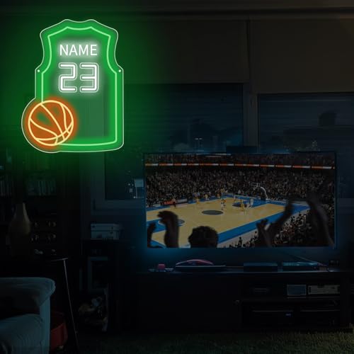 Image of Custom Basketball Jersey Neon Signs Basketball Neon Sign with Custom Name and Number Personalized Sports Neon Light for Bedroom Sports Light Up Sign for Wall Led Signs for Basketball Lover Gifts