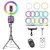 10 Selfie Ring Light with 73 Tripod Stand & 1 Phone Holder, LED Camera Ringlight with 48 RGB Colors Modes & Musical Rhythm Mode and 12 Brightness Dimmable for TikTok/Makeup/Photography/Vlog