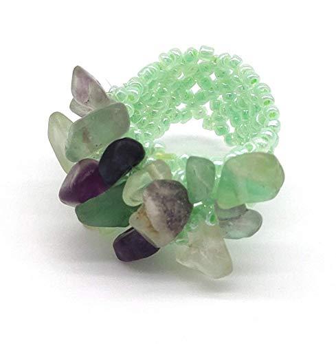  Generico Anello artigianale donna con chips in fluorite e perline elastico, fatto a mano, pietre dure naturali