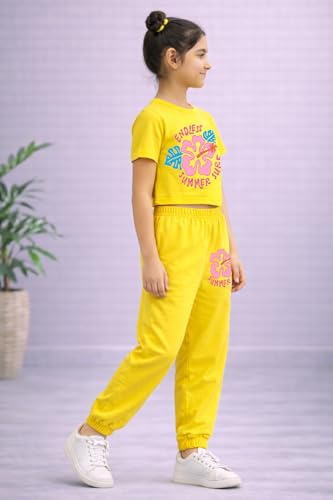Image of Trampoline Girls Printed Co-Ord Set | Half Sleeve T-Shirt & Jogger Trackpant Set | Casual Wear Lounge Wear Outfit for Girls