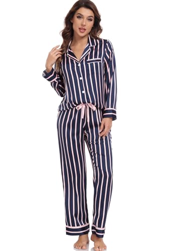 Image of Serenedelicacy Women's Satin Pajama Set Long Sleeve Button Down Sleepwear 2-Piece Silky Pj Set