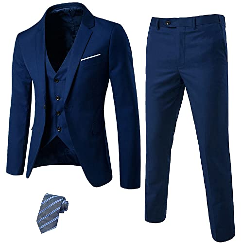 MrSureMrSure Men’s 3 Piece Suit Blazer, Slim Fit Tux with One Button, Jacket Vest Pants & Tie Set for Party, Wedding and Business - Blue - Large